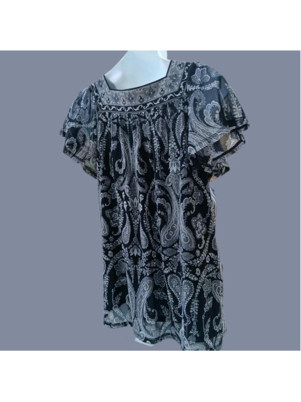 Petite Small Black White Paisley Print Square Neck Blouse Short Sleeve - Picture 3 of 3